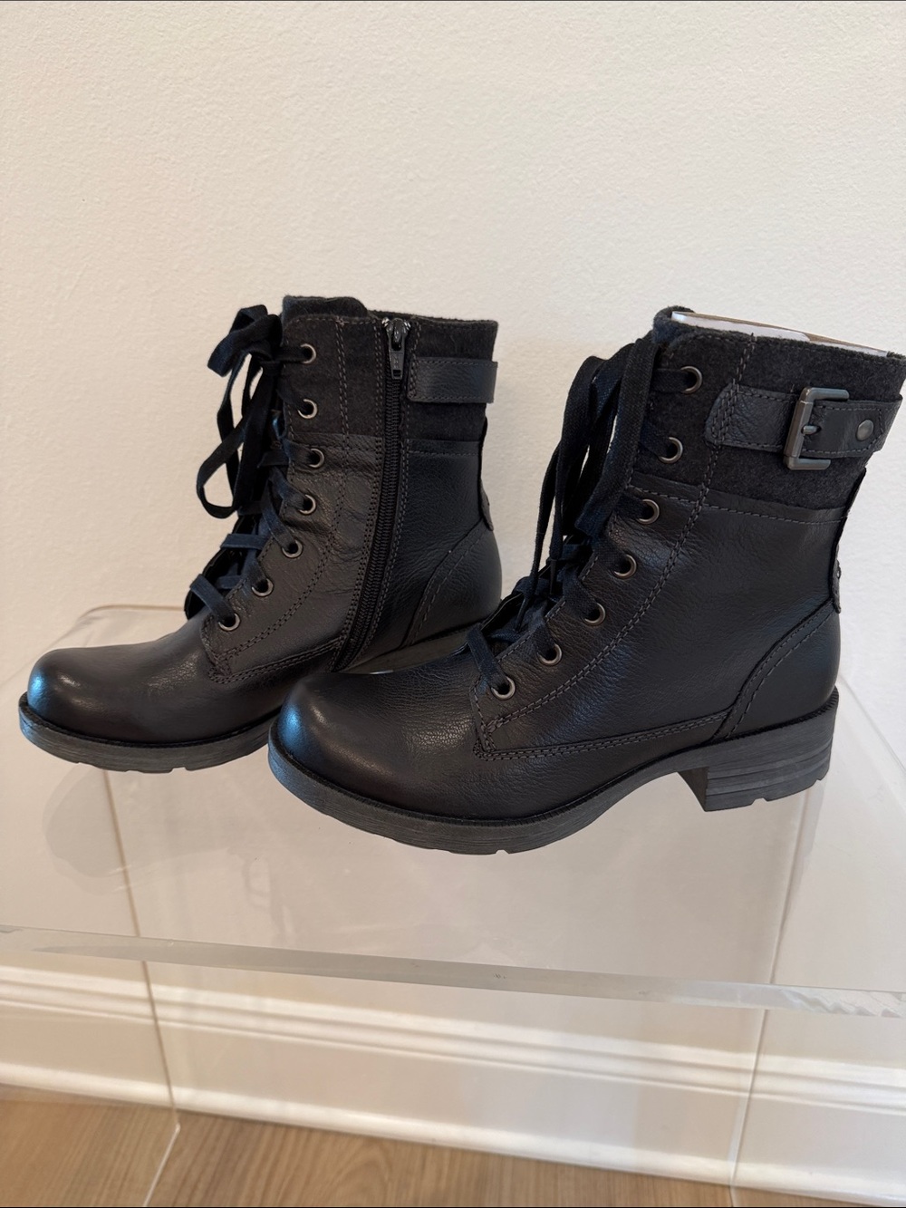 Earth Origins Black Leather Lace-Up Combat Boots with Side Buckle - Picture 8 of 11